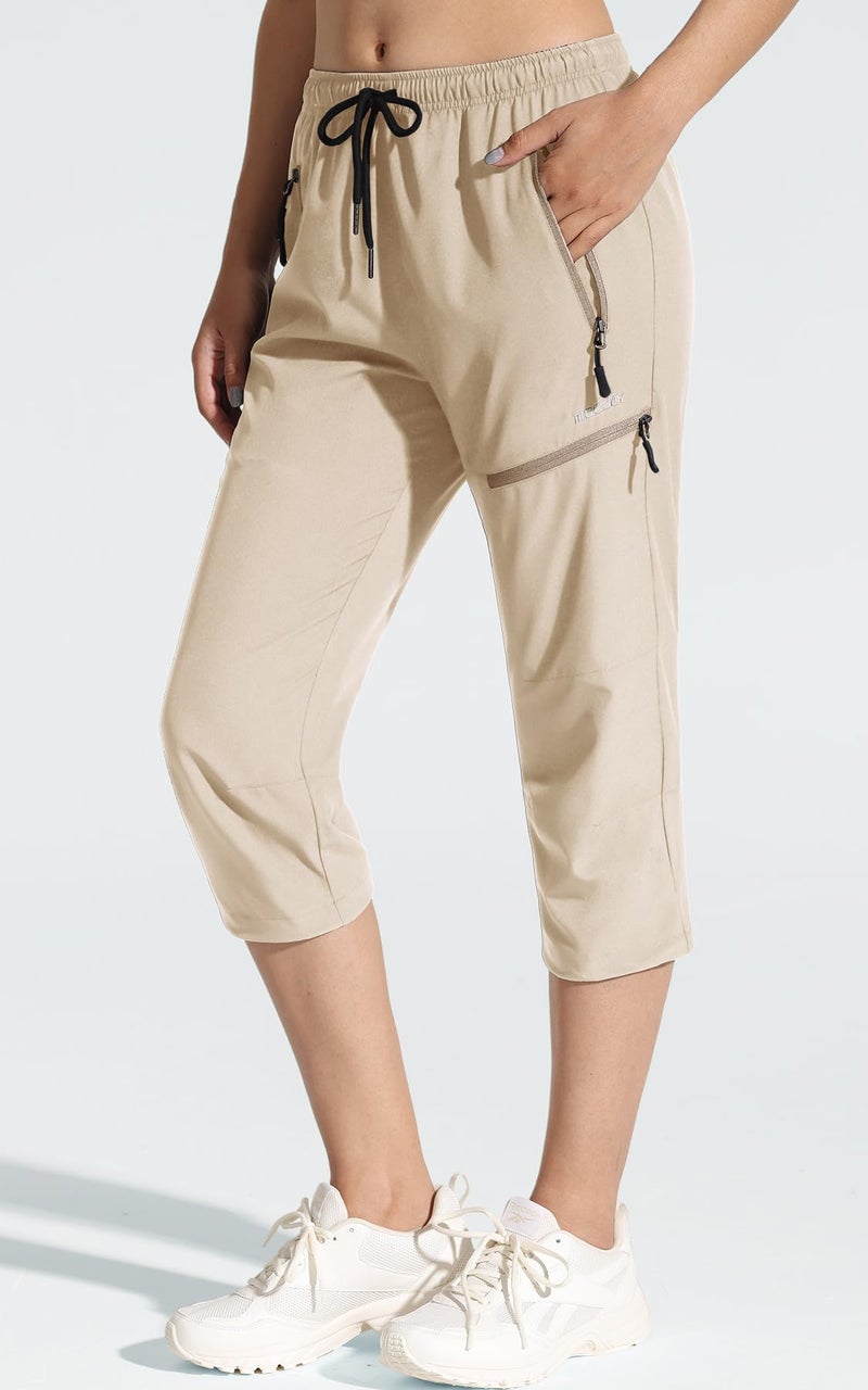 MOCOLY Women's Hiking Capris Pants Outdoor Lightweight Quick Dry Water Resistant UPF 50 Cargo Pants with Zipper Pockets Khaik XL - Image 2
